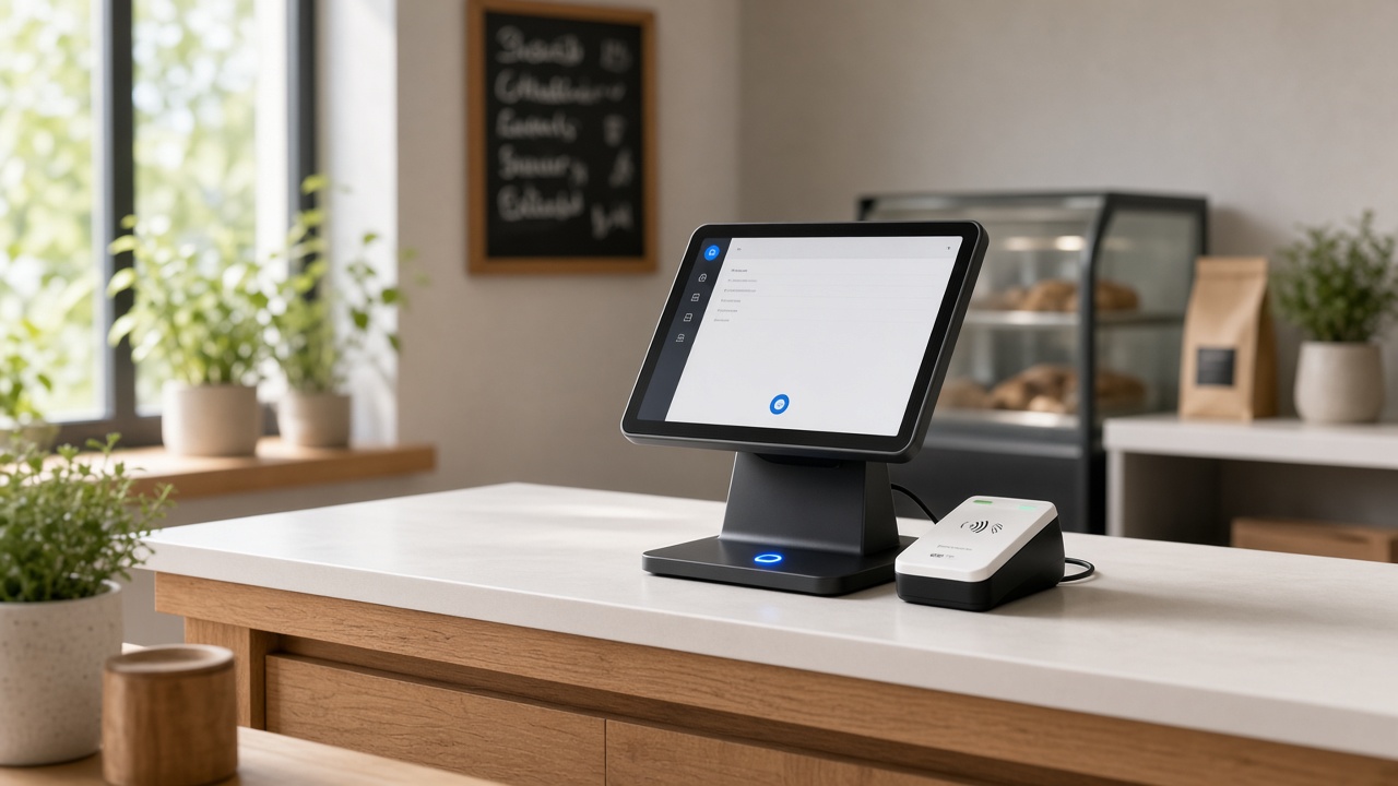 Tablet POS and tap-to-pay reader on a shop counter